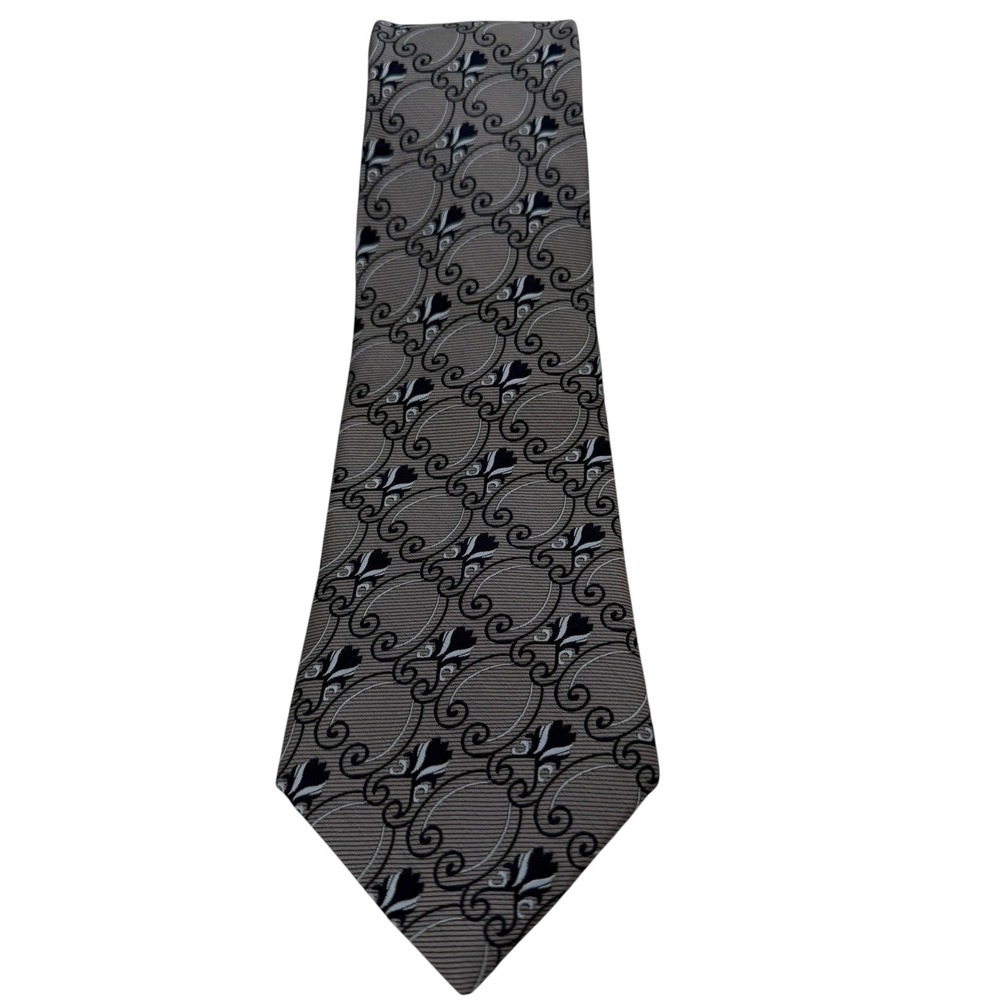 Jos. A. Bank Signature Collection Silver Navy Blue Scroll Floral Silk Tie (TA26)
